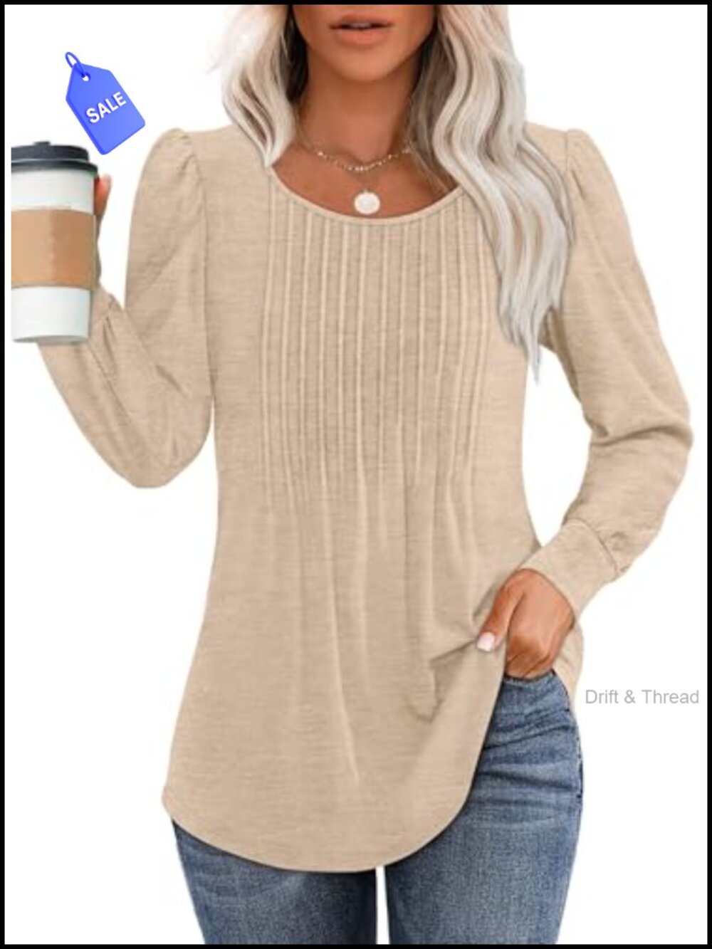 Pleated Scoop Neck Long Sleeve Tunic Top for Leggings